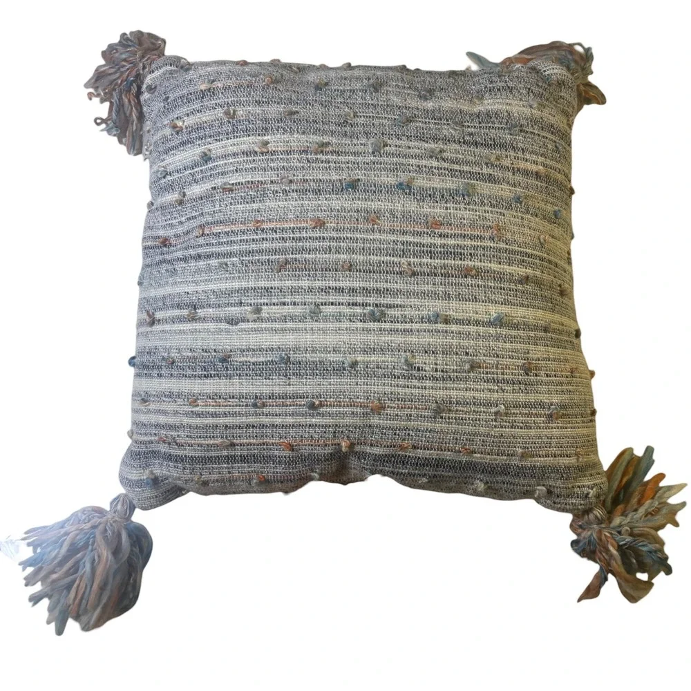 Artistic Accents Blue Cream Striped Woven Tassel Throw Pillow 18x18 Boho Decor